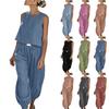 Women's Fashionable Casual Linen -Neck Top And Wide-Leg Pants Two-Piece Set