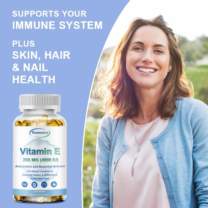 Vitamin E capsules, support antioxidant protection, all-natural, non-GMO, vegetarian, suitable for both men and women.