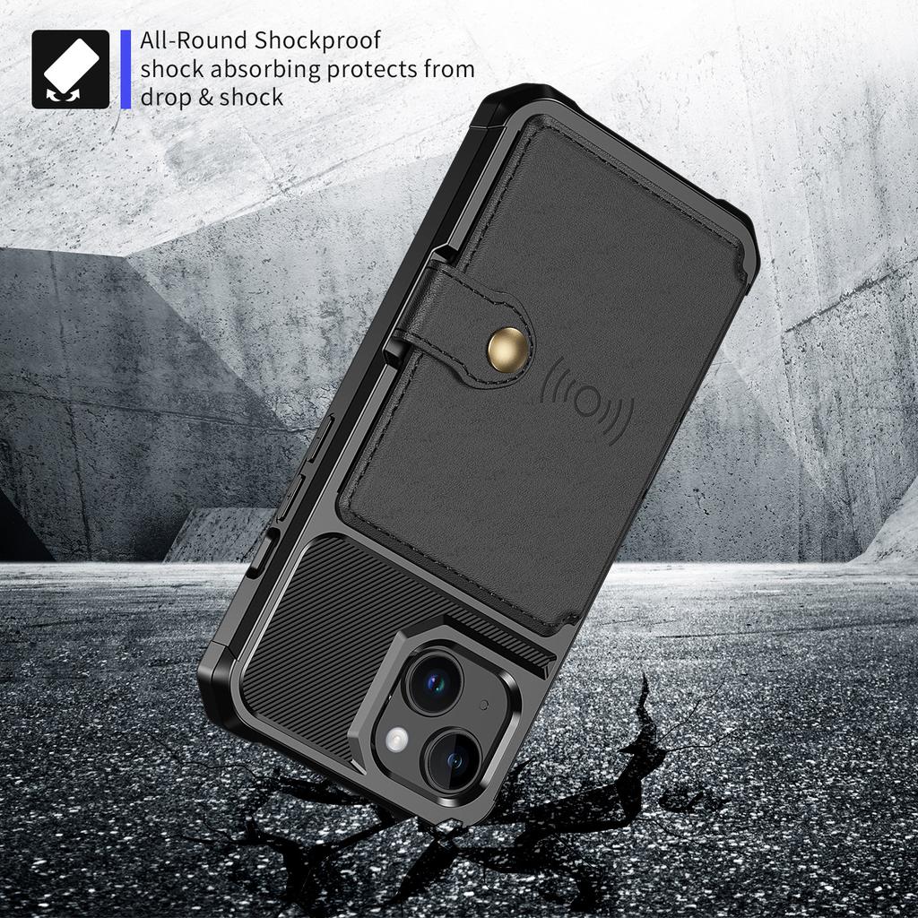 For iPhone 15 Plus Card Slots Wallet Phone Case PU Leather+TPU Anti-fall Cover Support Magnetic Car Mount