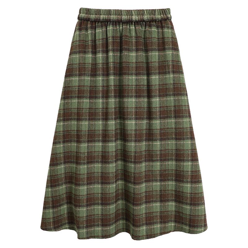 Women's Retro Plaid Wool Blend Midi Skirt - High Waist A-line with Double Pockets for Autumn/Winter