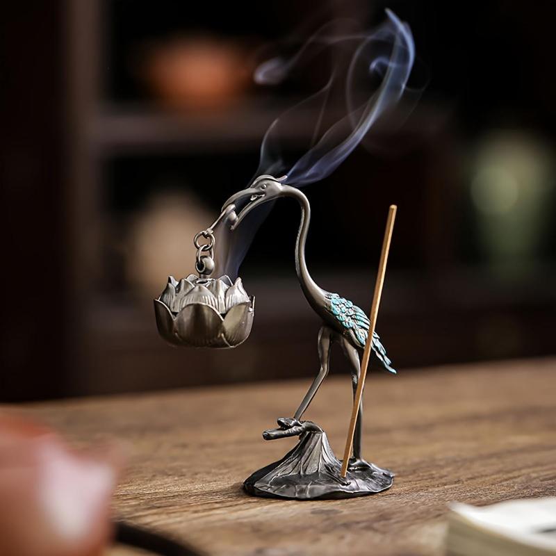1Pc Elegant Crane Lotus Flower Incense Burner Metal Home Decor with Creative Line Holder