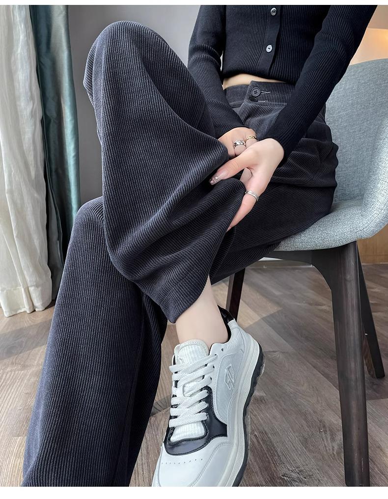 145cm Fleece-Lined High-Waisted Wide-Leg Chenille Pants - Women's XS, Petite, Black, Casual Autumn/Winter