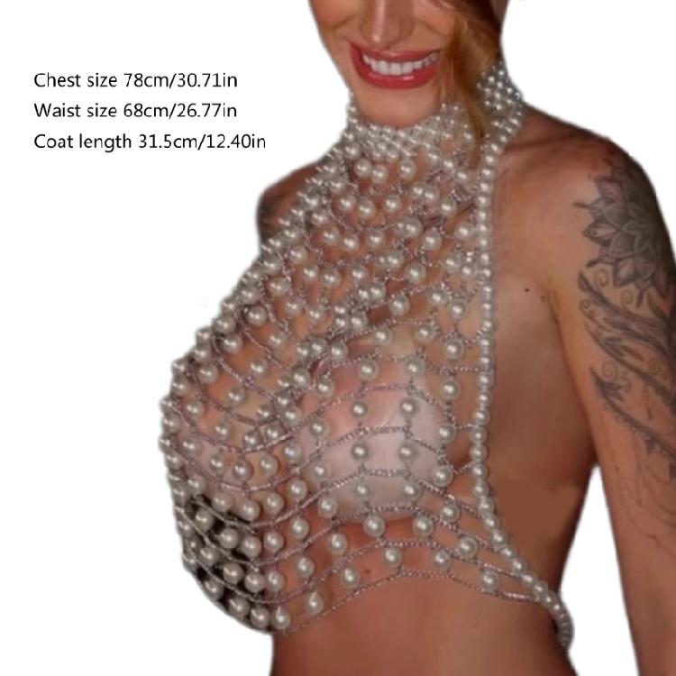 Pearls Body Chain Bra Multilayer Pearls Chest Chains Body Accessories Jewelry for Women Nightclub Raves Body Jewelry