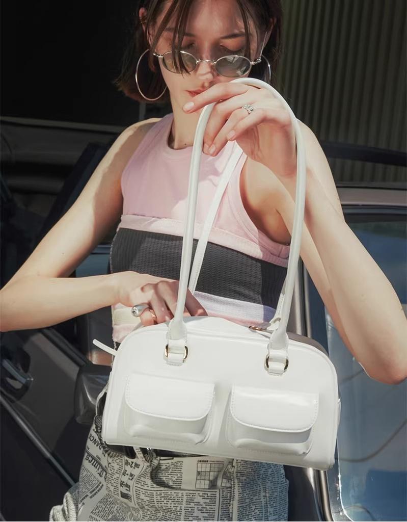Retro Vintage Pu Tote Bowling Bag With Multiple Pockets For Daily Street Fashion