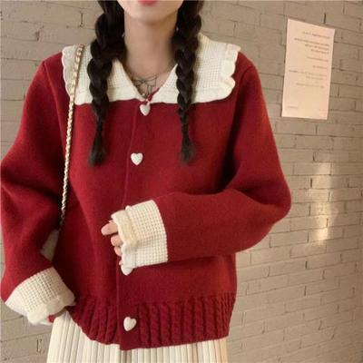 Cappotto Maglione Delicato Giapponese da Donna Autunno e Inverno Design Sensazione Piccolo Amore Morbido Glutinoso Collo a Bambola Cardigan Lavorato a Maglia Femminile