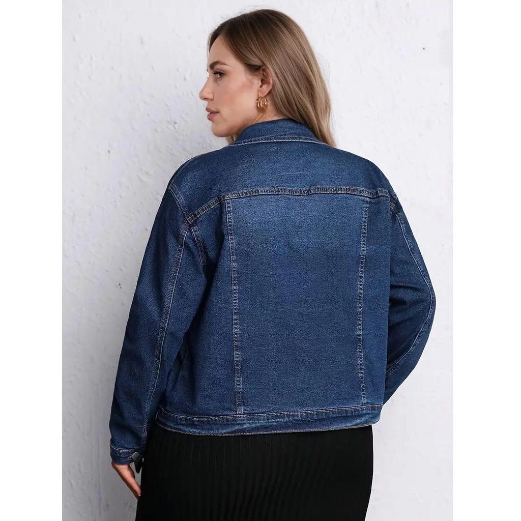 Plus Size Women's Elegant Washed Stretch Denim Jacket