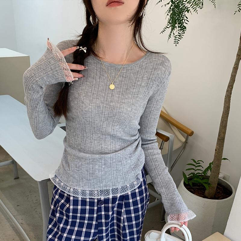 Autumn Winter Base Knitted Sweater For Women Lace Solid Fashion Casual Knitwear Women Clothing Slim Fit Round Neck Pullover Sweaters Ladies Tops 31035