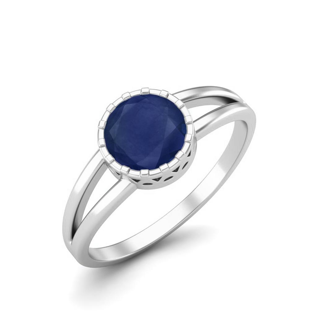 1.05 Cts Round Bezel Set Blue Sapphire 925 Sterling Silver Split Shank Women Engagement Rings