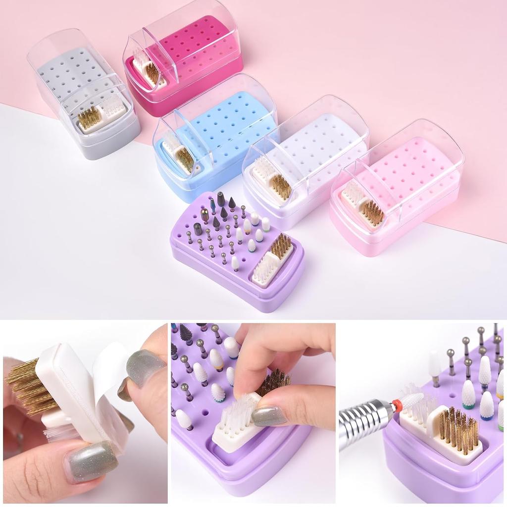 2 in 1 Nail Drill Bit Holder & Nail Drill Bit Cleaner Brush Case 30 Holes Dustproof Nail Drill Bit Display Stand Organizer Box Manicure Drill Bits