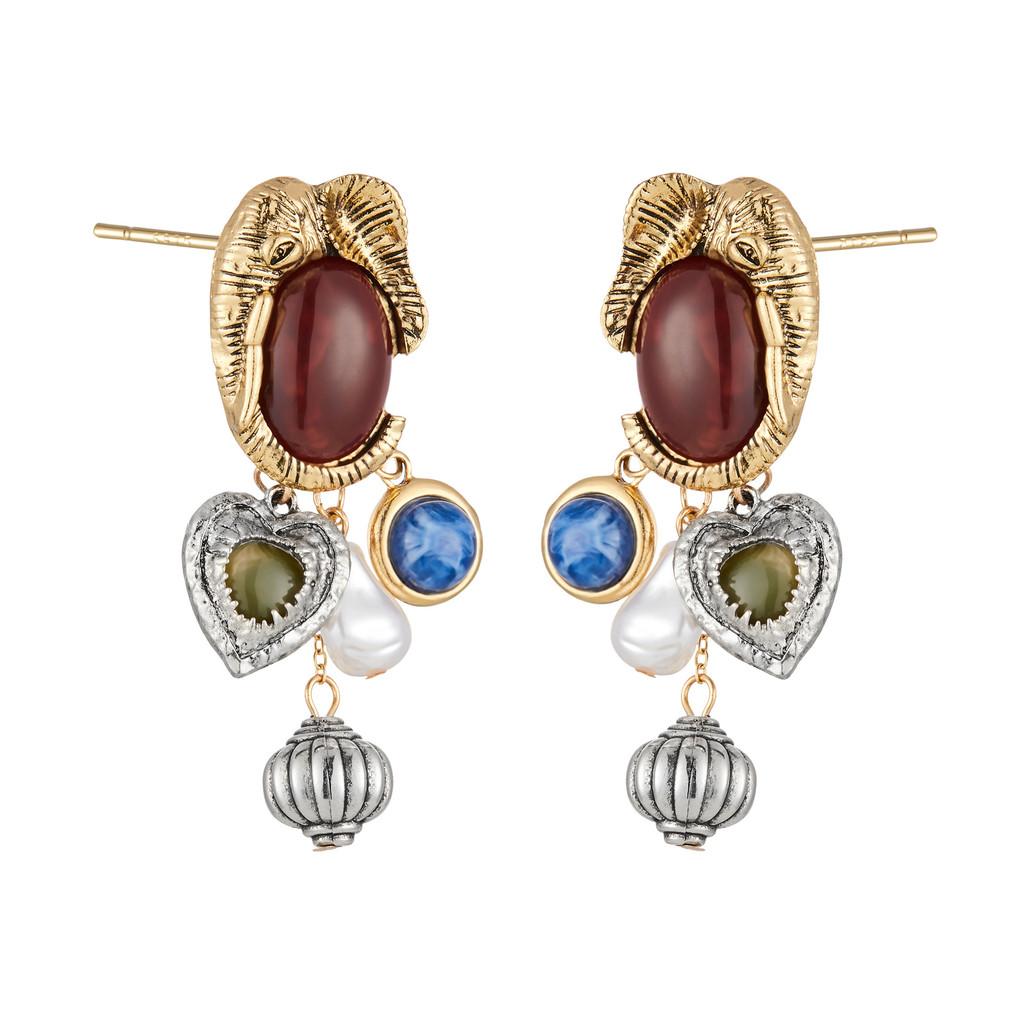 Elegant Retro Gemstone And Faux Pearl Earrings With Unique Shapes Asymmetrical
