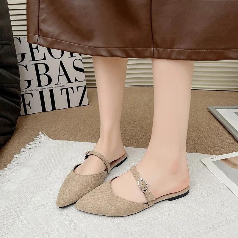Brand Women Shoes 2025 Casual Mules New Women's Slippers Fashion Pointed Buckle Slipper Sexy Cover Toe Low Heel Dress Shoes Lady