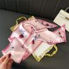 Luxury Pink Flower Pattern Long Narrow Silk Feel Scarf Shawl For Women Small Silk Scarf Lady Double-Sided Headband Accessories