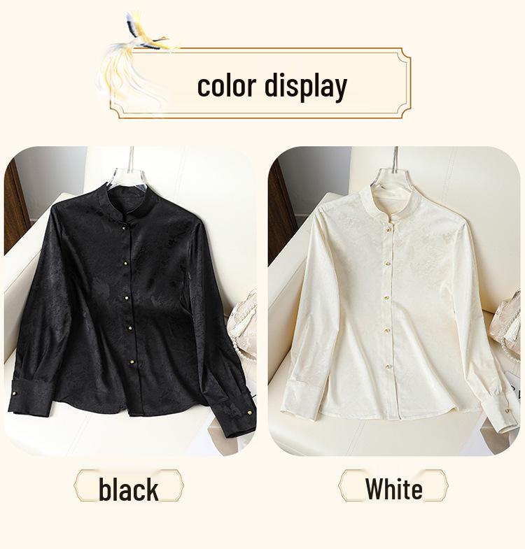 Women's Jacquard High Collar Satin Shirt, Chinese Style Long Sleeve Temperament Top for Spring.