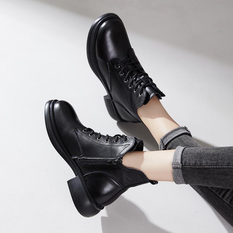 First Layer Cowhide Martin Boots Women's 2025 Autumn and Winter New Velvet Leather Retro V-mouth Short Women's Boots