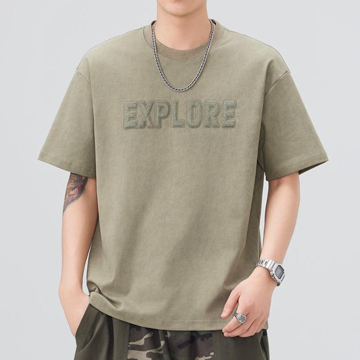 

American Round Neck T-shirt Men s Loose Summer Frying Wash Water Foam Printed American Short Sleeves 4XL зелёный