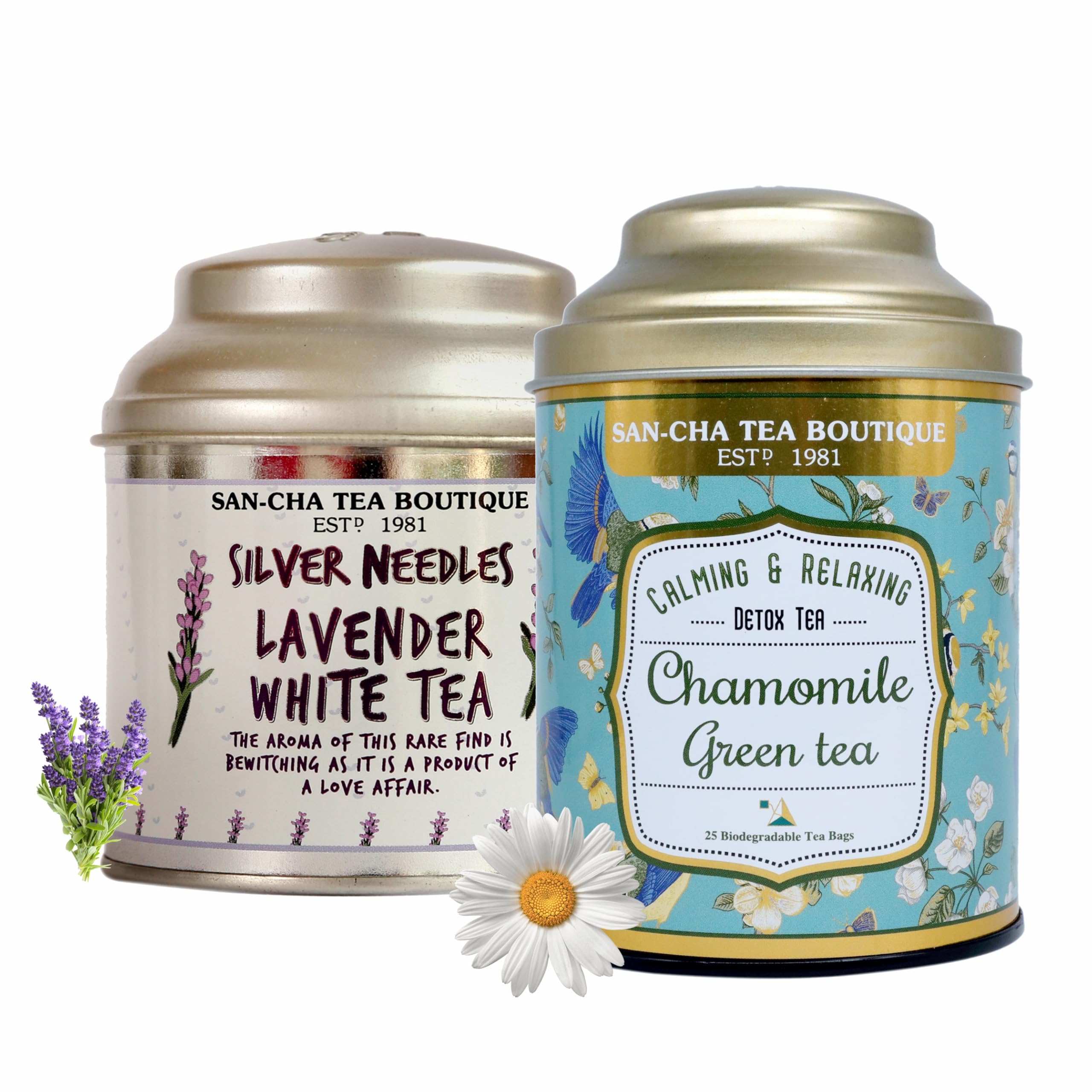 Sancha Tea Boutique, Combo Pack: Lavender White (25g) & Chamomile Green Tea (25 Pyramid Bags), Calming & Relaxing Drink