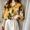 1116 Autumn New Han Fan Thin Yellow Printed Chiffon Shirt Top Women's Five-quarter Sleeve Floral Sunscreen Shirt