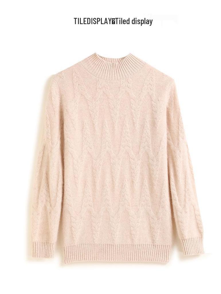 Women's Retro Red Cashmere Knit Base Layer Sweater - Heavyweight, Warm, Long Sleeve, Half-High Neck, Loose Fit