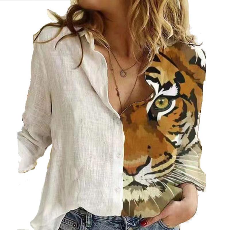 Tier Muster Damenhemd Weißes Oberteil Langarm Revers Lässig Bedruckte Strickjacke Tops