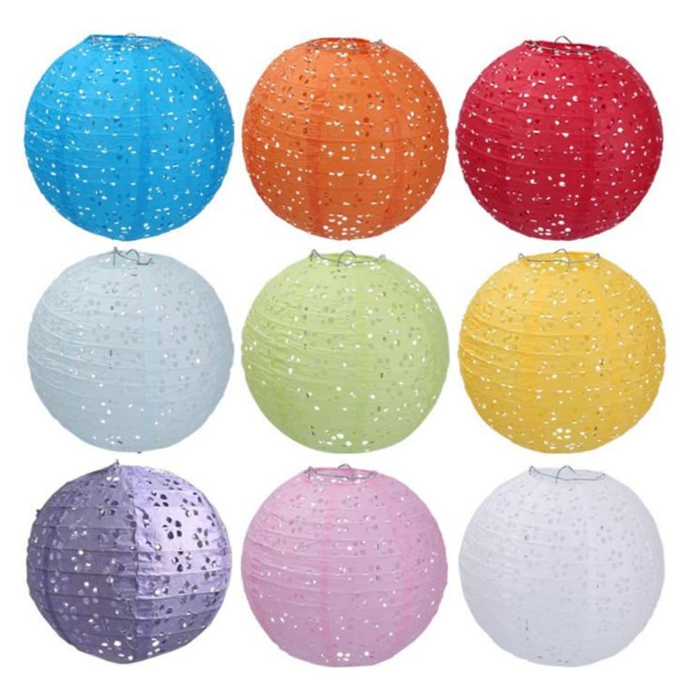 DUOLEIMI Paper Lanterns for Obon Festivals, Openwork Paper Lanterns with LEDs, Colorful, Set of 10 (30cm Round)