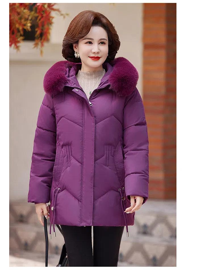 Jaqueta Feminina de Outono e Inverno Cor Sólida com Capuz Gola de Pele Moda Solta Espessa à Prova de Vento Comprimento Médio Jaqueta de Mãe