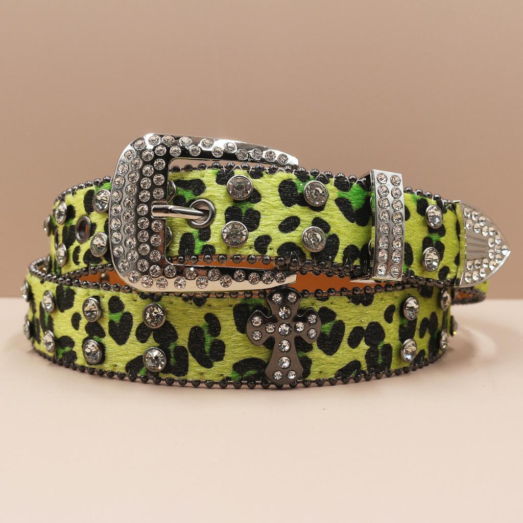 Cross Belt Leopard Print Western Rhinestone Belt Personalized Denim Woman Rivet Jeans Belt