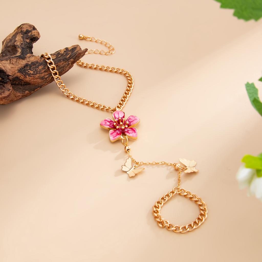 Salircon Exquisite Sweet Butterfly Flower Finger Bracelet for Women Retro Drip Oil Flower Charm Bracelets Jewelry Hand Accessory