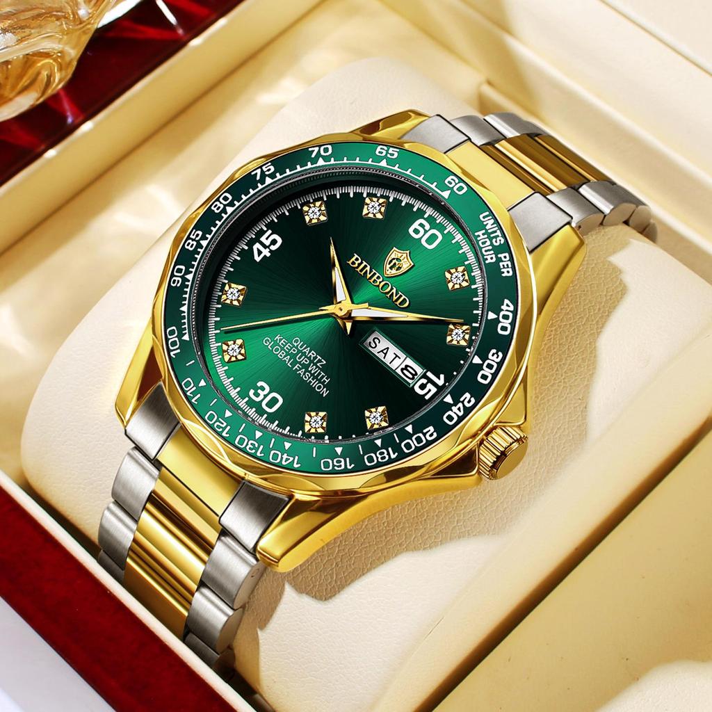 Binbang Men's Green Submariner Quartz Watch, Double Calendar, Steel Band, Business Waterproof.
