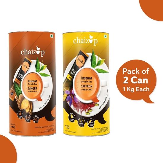 Chaizup Premium 1 Min Instant Assorted Tea Pack - 1kg Cans (Pack of 2) | Saffron & Ginger Flavours | Approx. 144 Servings | 2kg