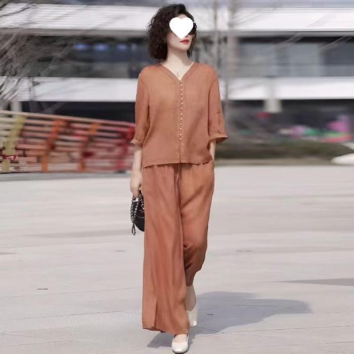 Suit Women's Slim Summer Casual Korean Style Middle-aged Mother's Top Collar Wide-leg Pants Two-piece Set for Women