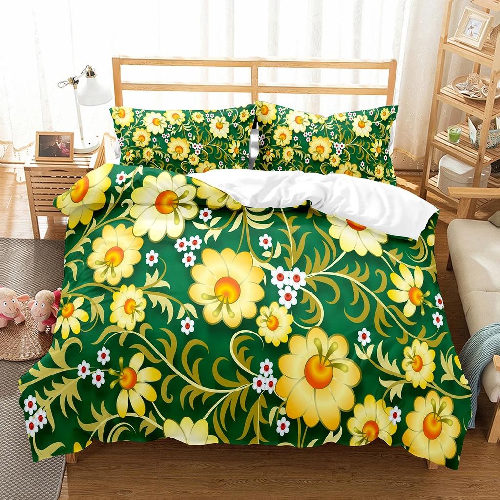 Hibiscus Floral Duvet Cover Twin King Size Tropical Palm Leaves Bedding Set,Botanical Flower Comforter Cover for Girl Teen Room