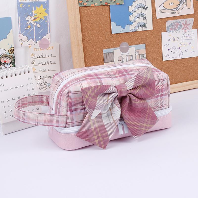 Large-capacity Double-layer Pencil Case Japanese Canvas Student Girl Heart Lattice Plaid Pencil Case Cute Bow Gifts for Girls