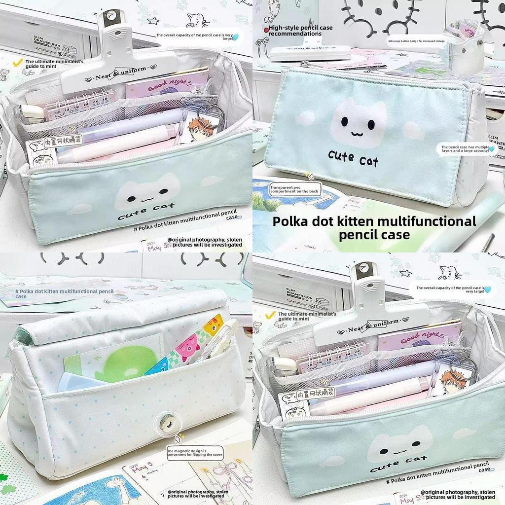 Dot Pattern Cat Pencil Case With Large Capacity For Students And Office Use