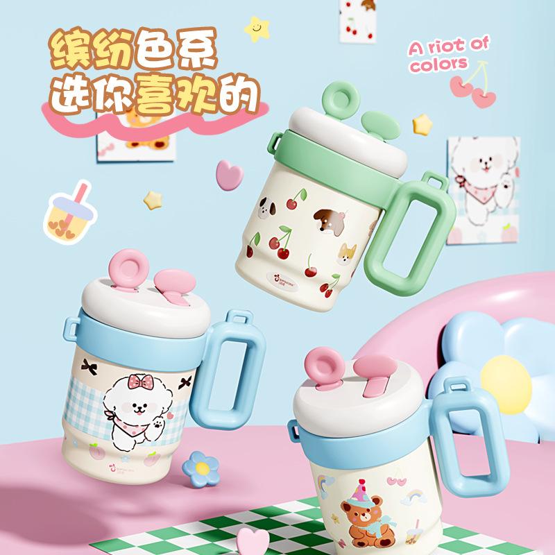 Thermos Cup Cartoon Handle Cup Student Portable Double Drink Straw Cup Stainless Steel Water Cup