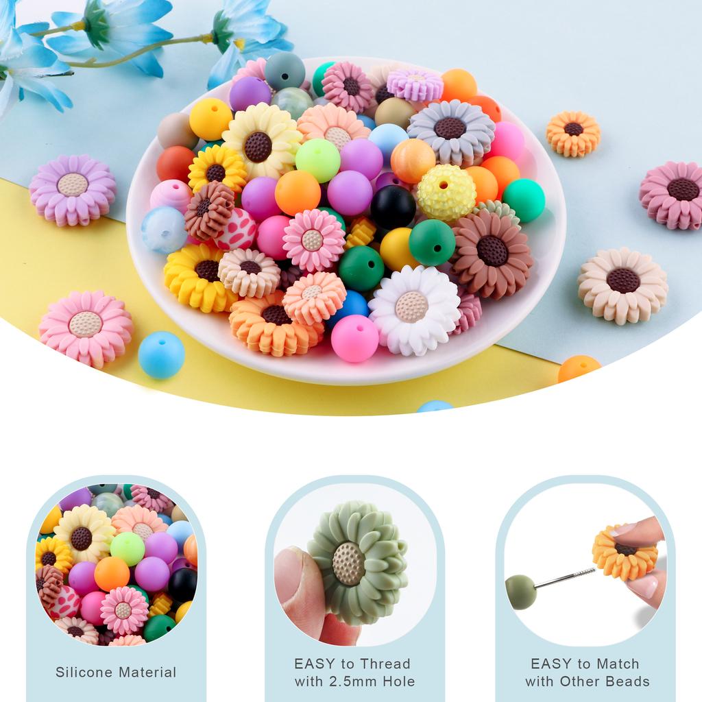 Kovict 5/15Pcs Daisy Sunflower Mini Silicone Beads DIY Pacifier Chain Bracelet Necklace Handmade Accessories For Jewelry Making