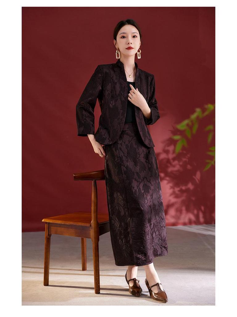 Autumn 2025 Women's Silk Jacquard Retro Slit Bodycon Midi Skirt