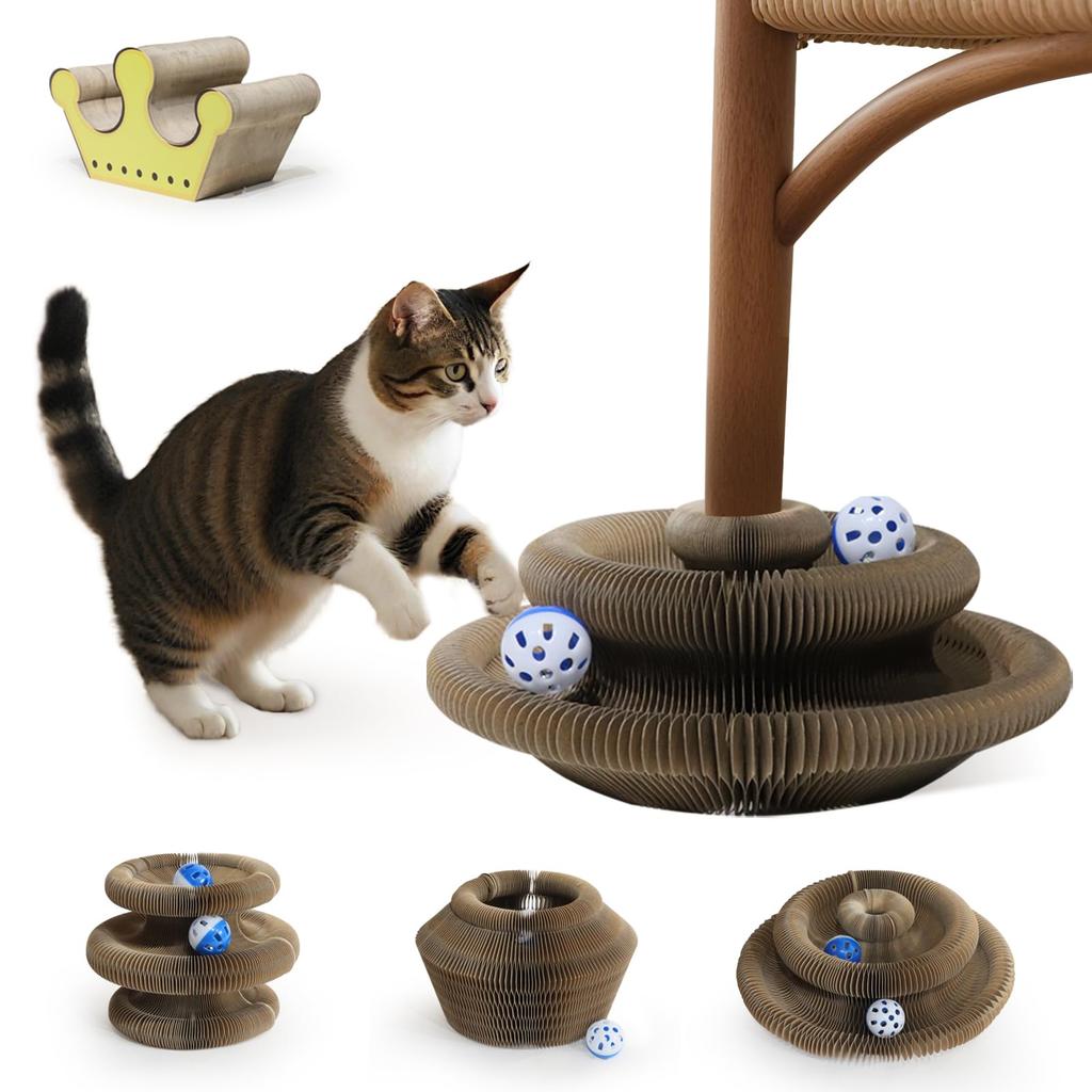 Kitty Kurlz Foldable Cat Interactive Toy for Indoor Pet Cat Scratching Toy with Magic Organ Cat Scratching Accordion Cat Yellow Scratcher, Cats, Bell,