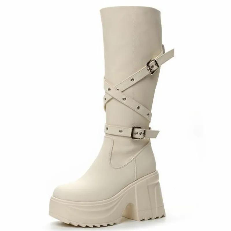 

Fashion Women Knee-high Boots Microfiber Leather Sexy High Heels Long Boots Ladies Zipper Belt Buckle Female Shoes Fashion Tide 40 бежевый