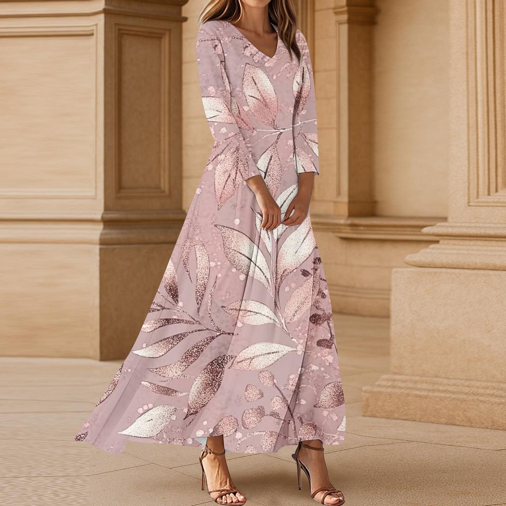 Women's Casual 3/4 Sleeve V-Neck Floral Print Maxi A-Line Beach Dress