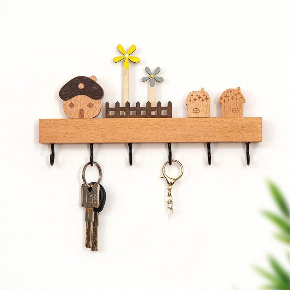 Wooden Key Hook Rack 6 Hooks Sundries Storage Shelf Coat Rack Kitchen Bathroom Bedroom