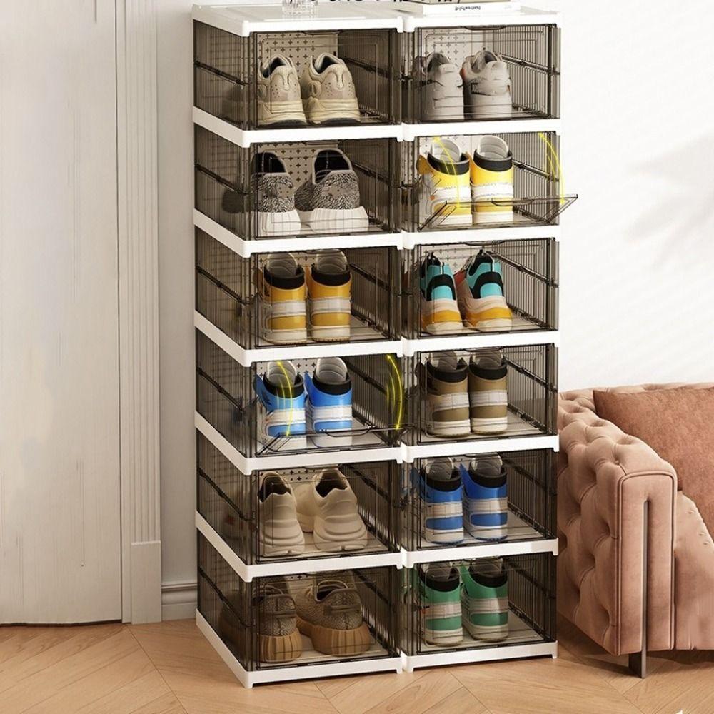 Plastic Multi Layer Shoe Box Transparent Dustproof Collapsible Shoes Storage Box Stackable with Lid Foldable Shoe Box
