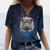 Fashion Women T Shirt Cool Cat Print Harajuku T-shirt Summer Tee Top Kawaii Tees V Neck Pluse Size American Lady Clothing