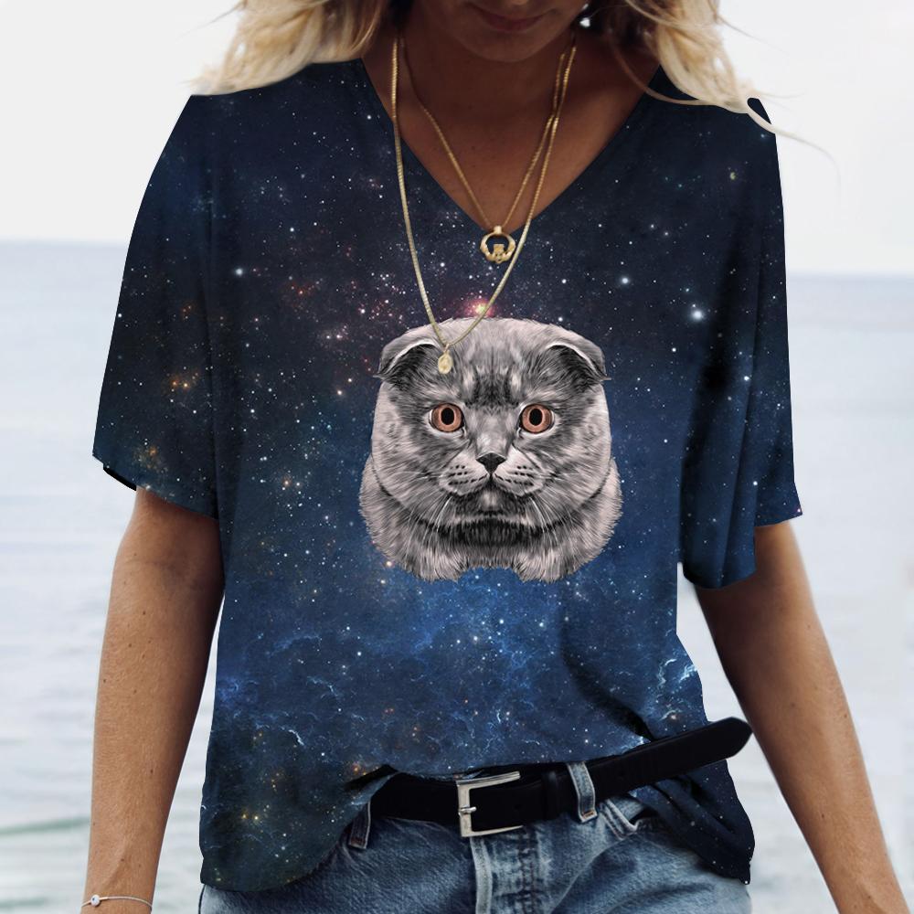 Fashion Women T Shirt Cool Cat Print Harajuku T-shirt Summer Tee Top Kawaii Tees V Neck Pluse Size American Lady Clothing
