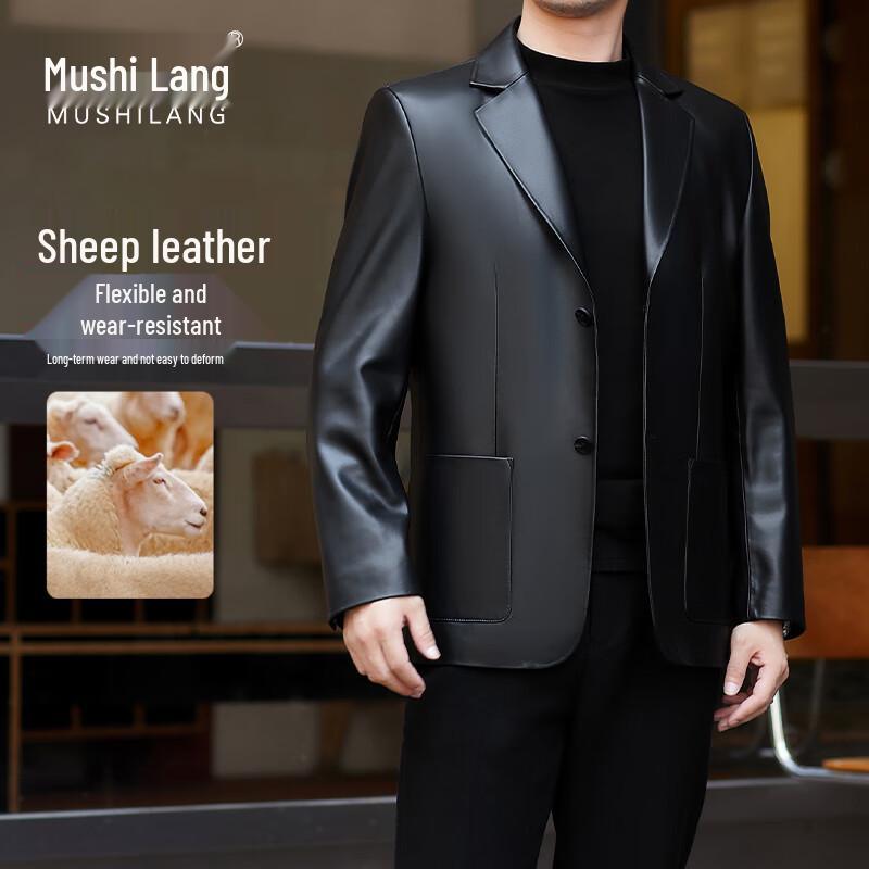 MushiLang Men's First-Layer Sheepskin Leather Blazer