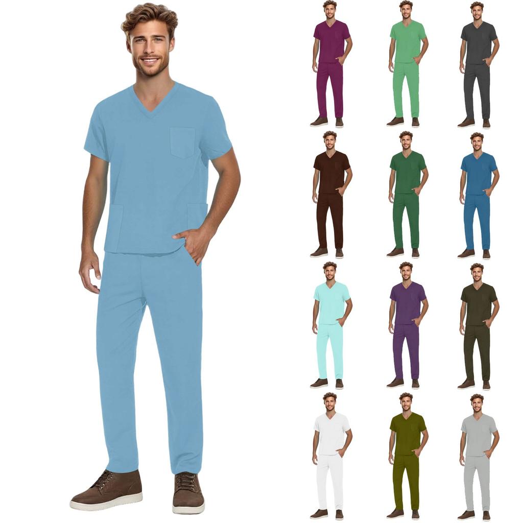 Men's Short-sleeved V-neck Solid Color Printed Breast Pocket Care Top Elastic Waist Trousers Two-piece Work Suit
