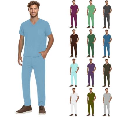 Herr Kortärmad V-ringad Enfärgad Tryckt Bröstficka Vårdtopp Elastisk Midja Byxor Tvådelad Arbetsdräkt