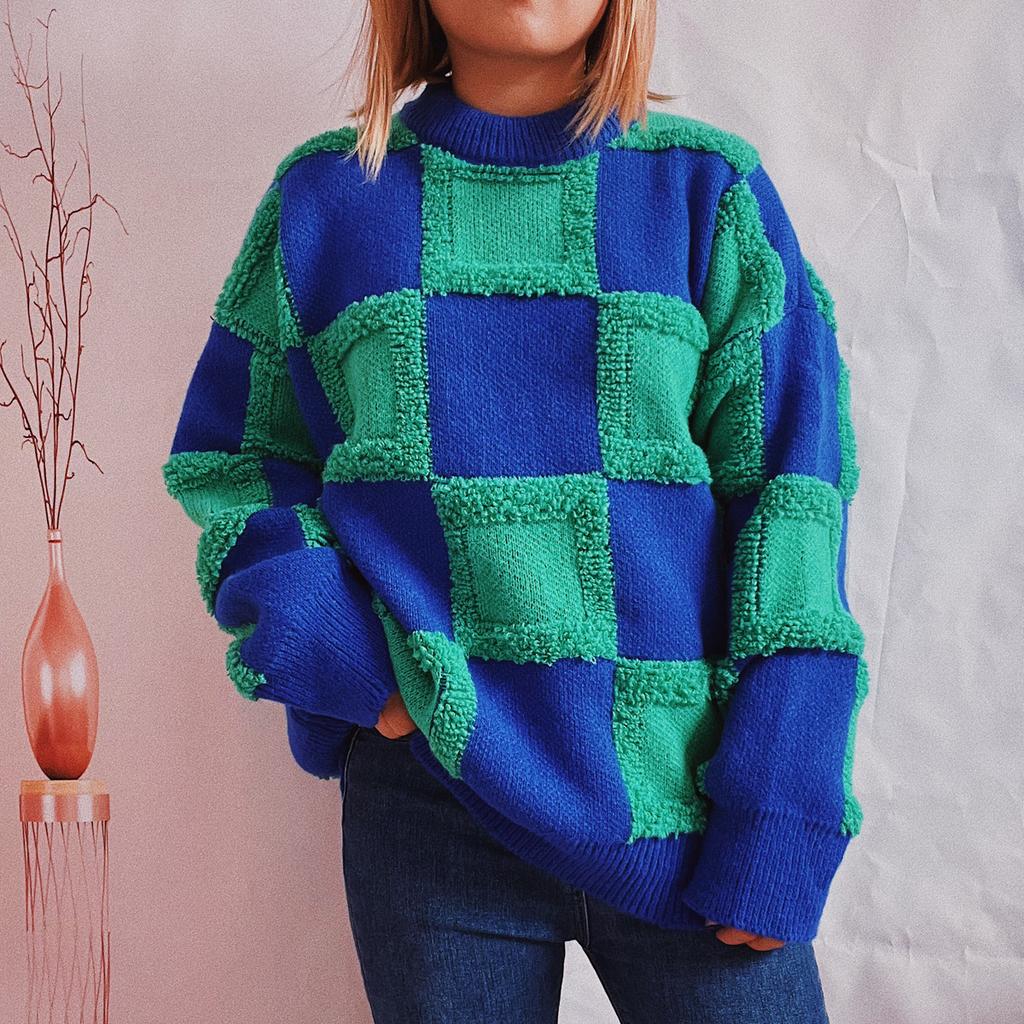 Χαλαρό πλεκτό πουλόβερ με καρό σχέδιο, στρογγυλή λαιμόκοψη, μακριά μανίκια, street style, για γυναίκες 3499 KTB