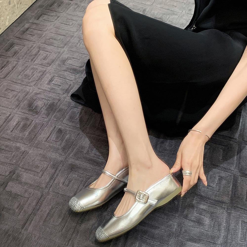 Schaffell Traubenmutter 4cm innere Höhenerhöhung Glitzer Spleißung Ein-Wort eckiger Kopf Lazy Bag Kopf Halbschuhe Damen Sommerbekleidung