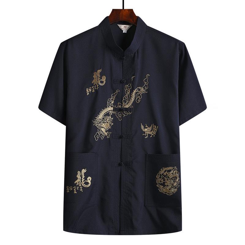 Middle-aged and Elderly Chinese Style Tang Suit Dad Summer Short-sleeved Suit Grandpa Summer Chinese Button-down Shirt and Pants Two-piece Set