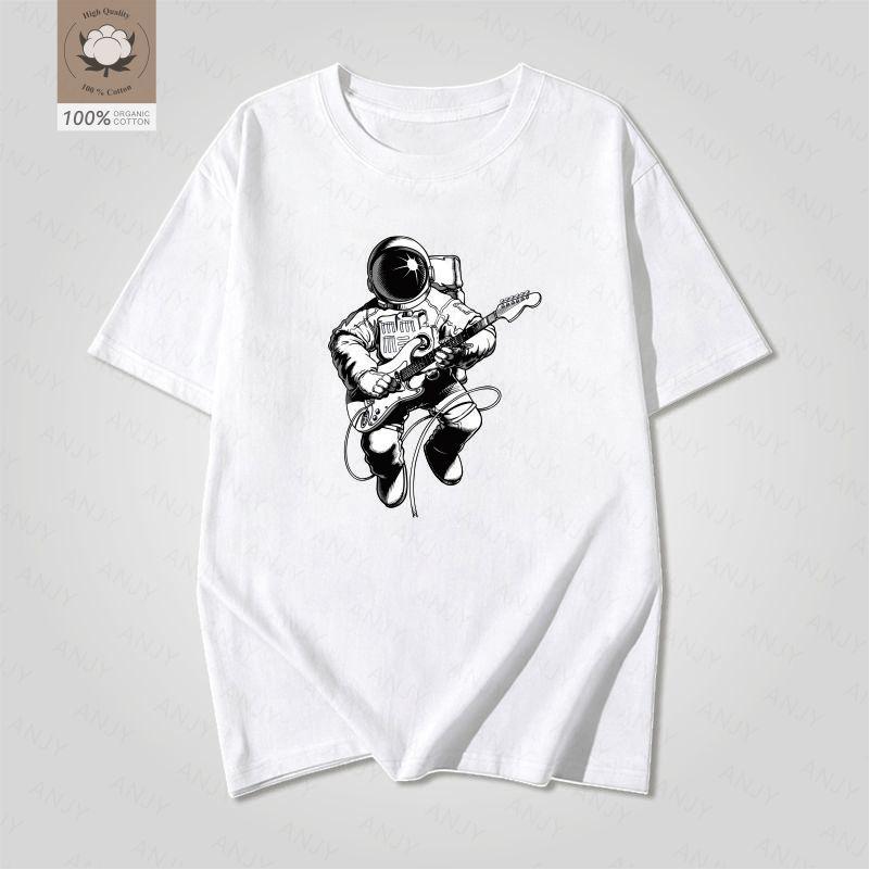 Space Astronaut Guitar Print Short Sleeve Unisex Retro Rock Style Loose Fit Pure Cotton Tshirt Streetwear